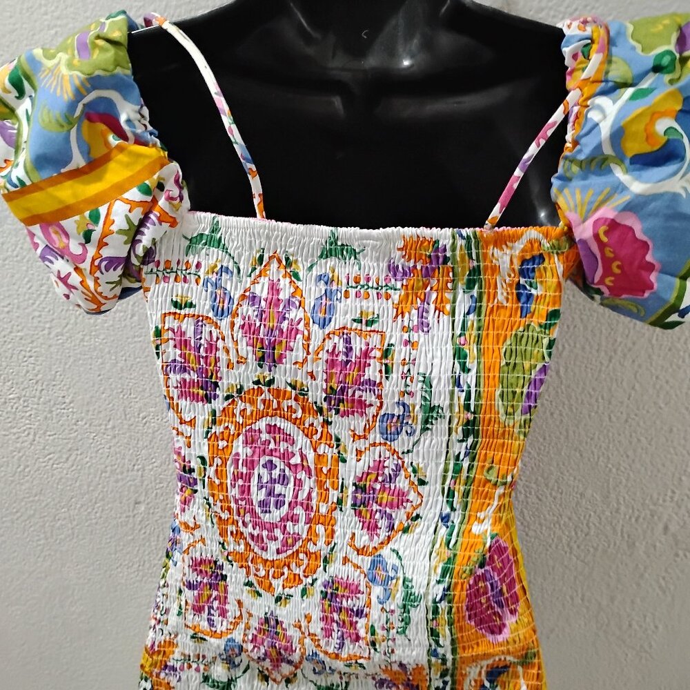 Mango -S- Dress With Puff Sleeves-colorful-mini dress furrowed knitting - Picture 3 of 10